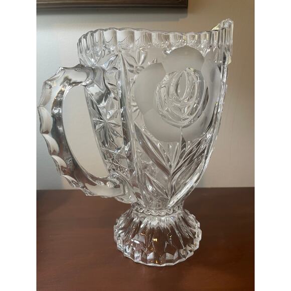 Vintage Cut Crystal Glass Etched Floral 9" Footed Pitcher with Original Sticker - Picture 7 of 10